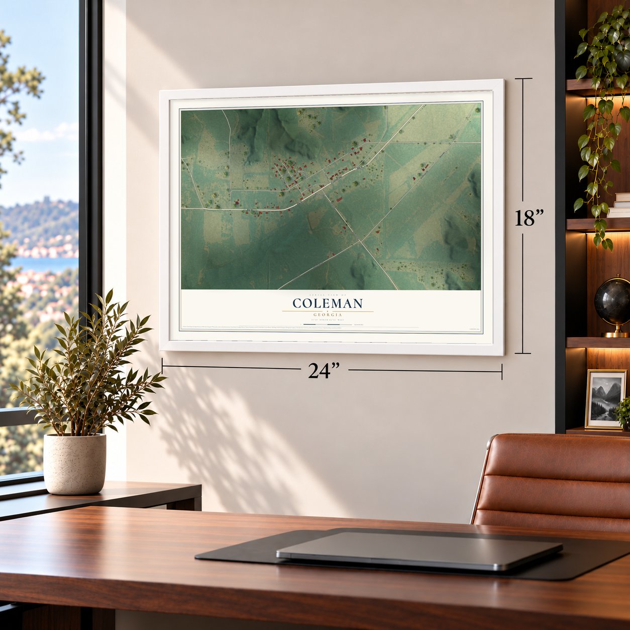 Coleman, Georgia map, 18 x 24 inch print in a white frame in a home office
