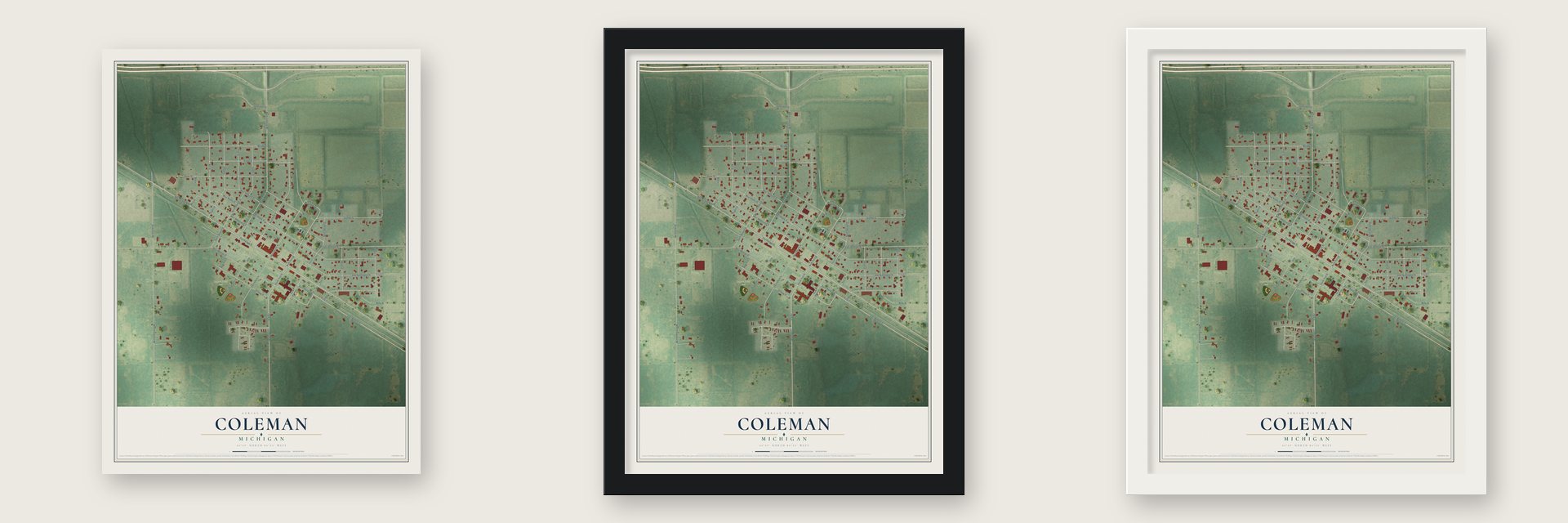 Coleman, Michigan map unframed, in a black wood frame and in a white wood frame
