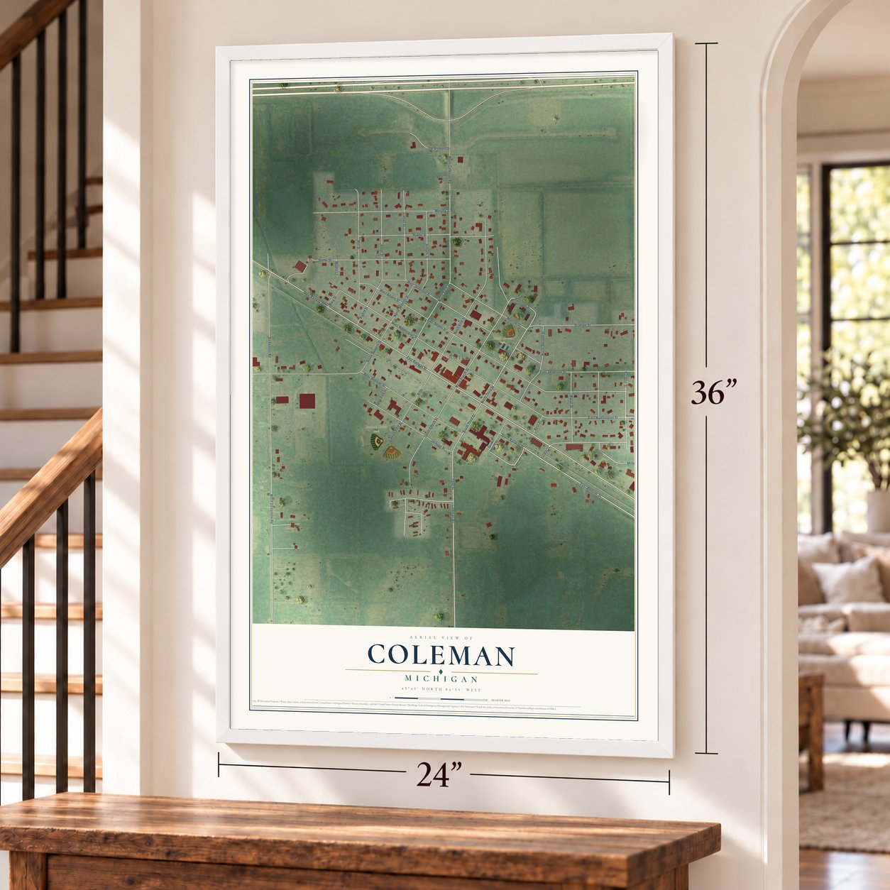 Coleman, Michigan map, 24 x 36 inch print in a white frame by a staircase