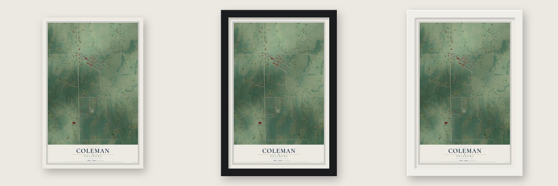 Coleman, Oklahoma map unframed, in a black wood frame and in a white wood frame