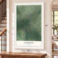 Coleman, Oklahoma map, 24 x 36 inch print in a white frame by a staircase