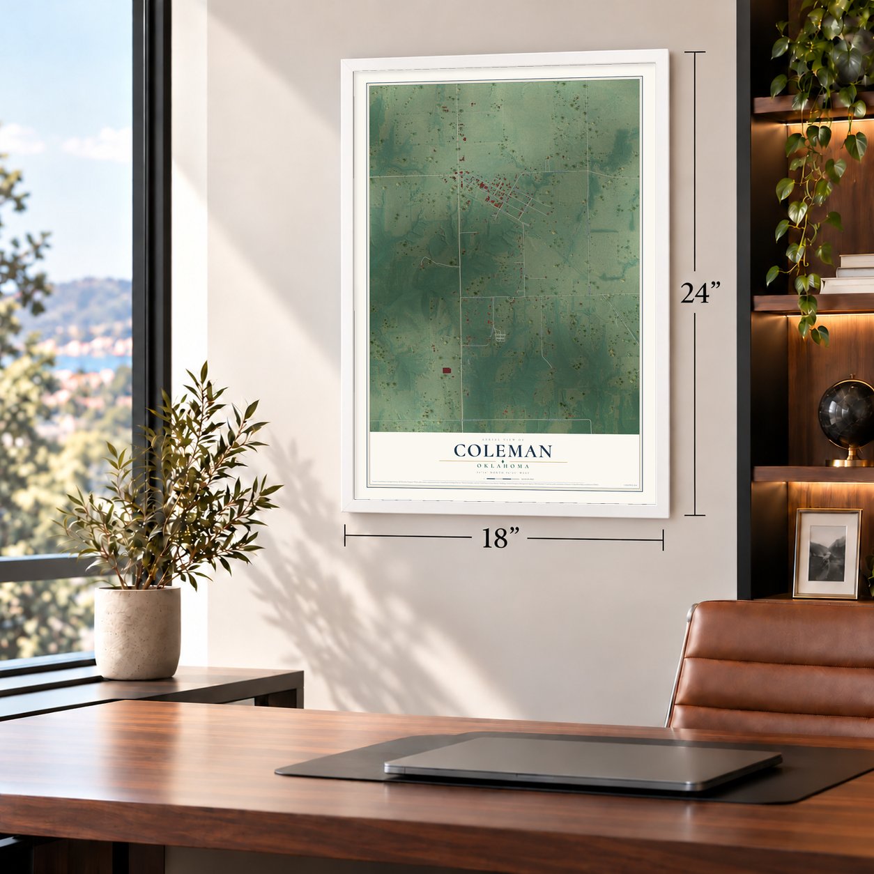 Coleman, Oklahoma map, 18 x 24 inch print in a white frame in a home office