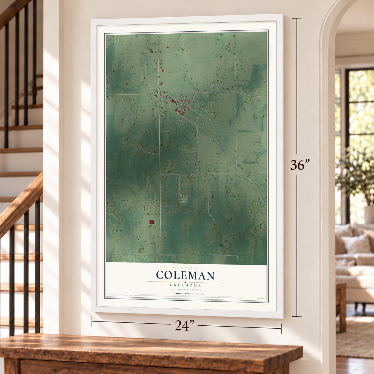 Coleman, Oklahoma map, 24 x 36 inch print in a white frame by a staircase
