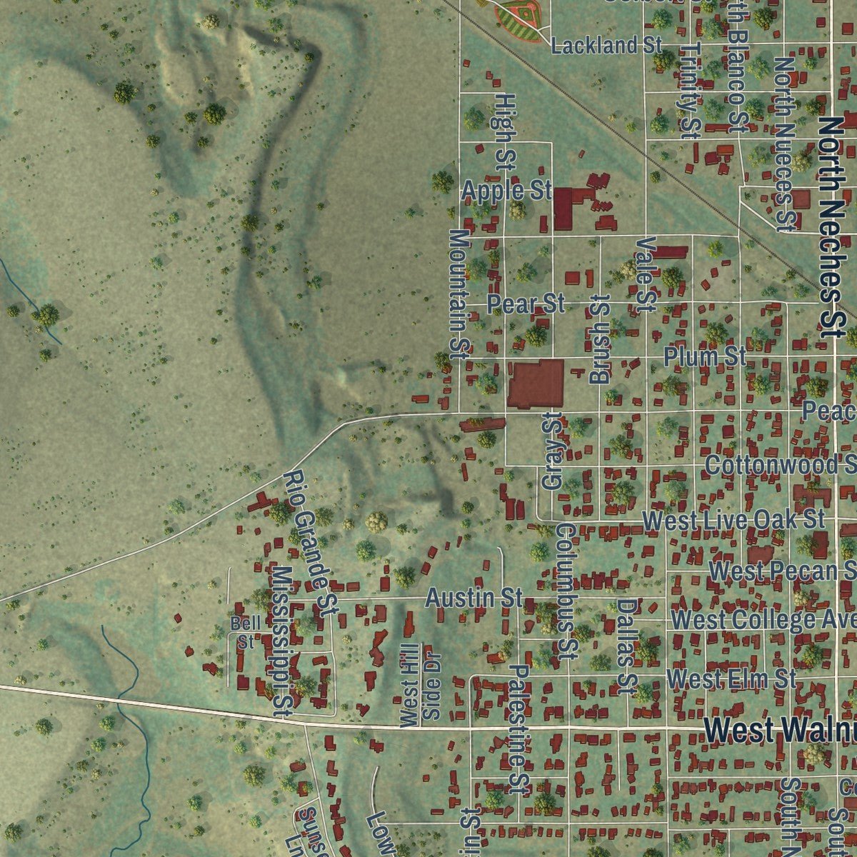 Second close-up of the map of Coleman, Texas print showing more streets and buildings