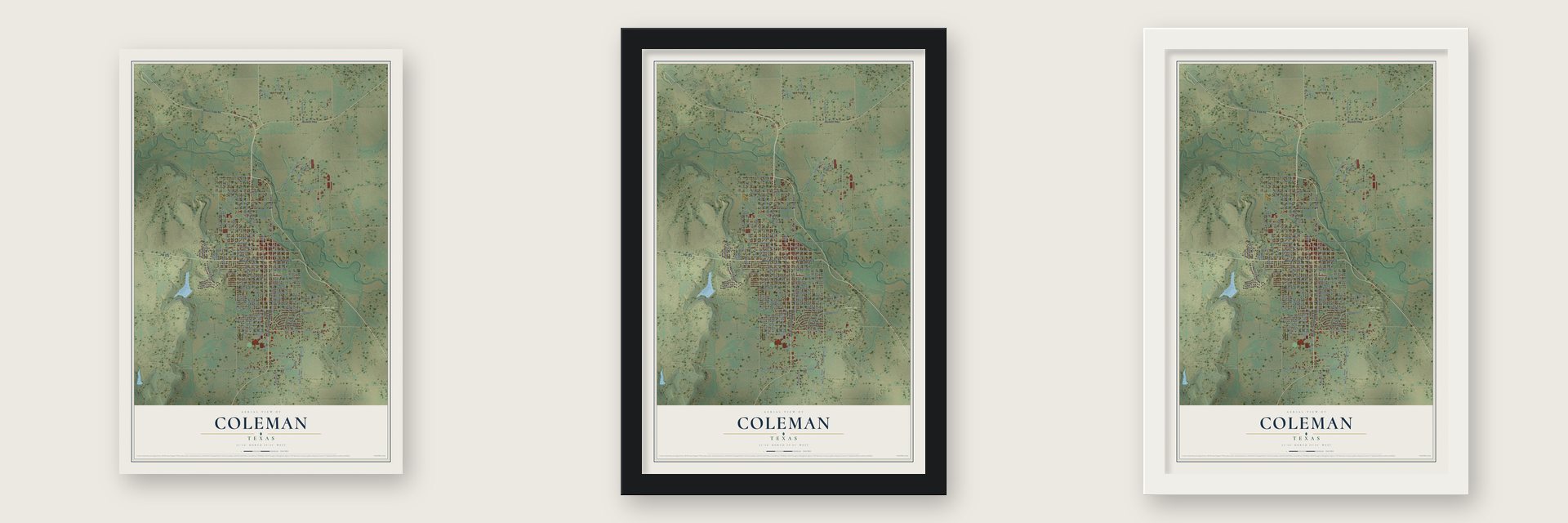 Coleman, Texas map unframed, in a black wood frame and in a white wood frame