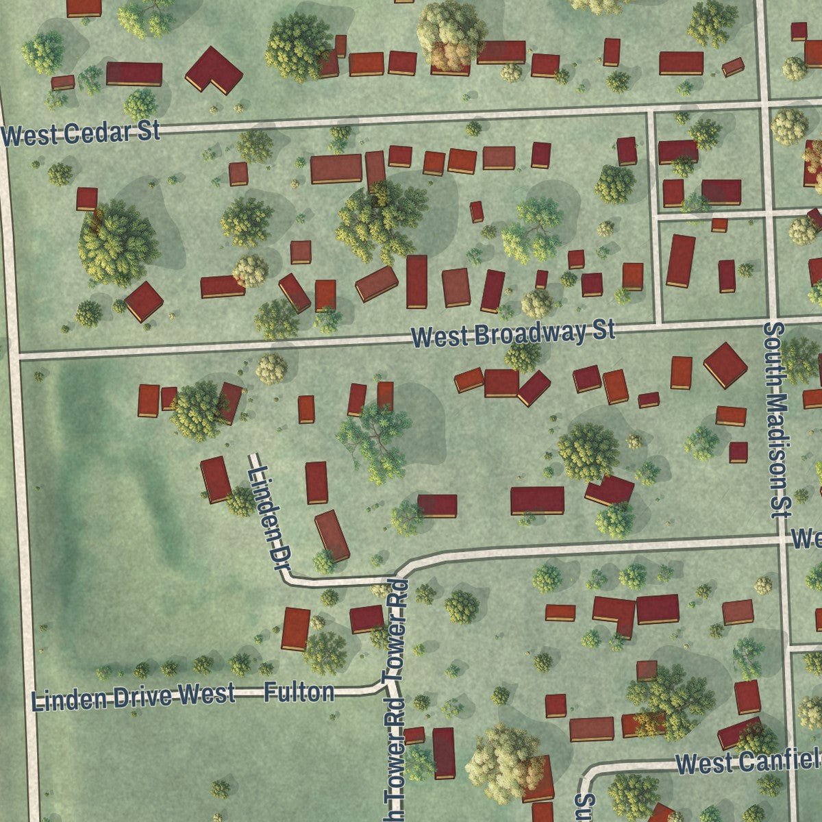 Second close-up of the map of Coleridge, Nebraska print showing more streets and buildings
