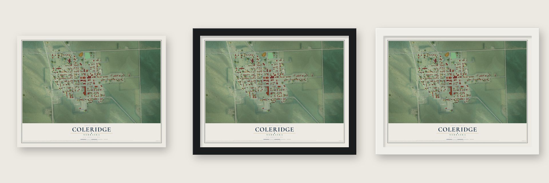 Coleridge, Nebraska map unframed, in a black wood frame and in a white wood frame