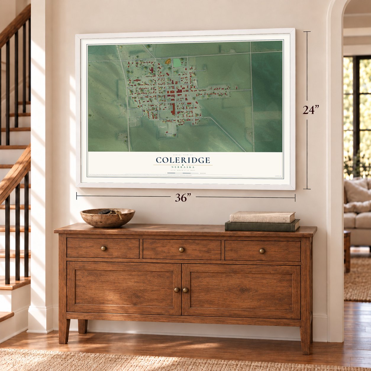 Coleridge, Nebraska map, 24 x 36 inch print in a white frame above a dresser by a staircase