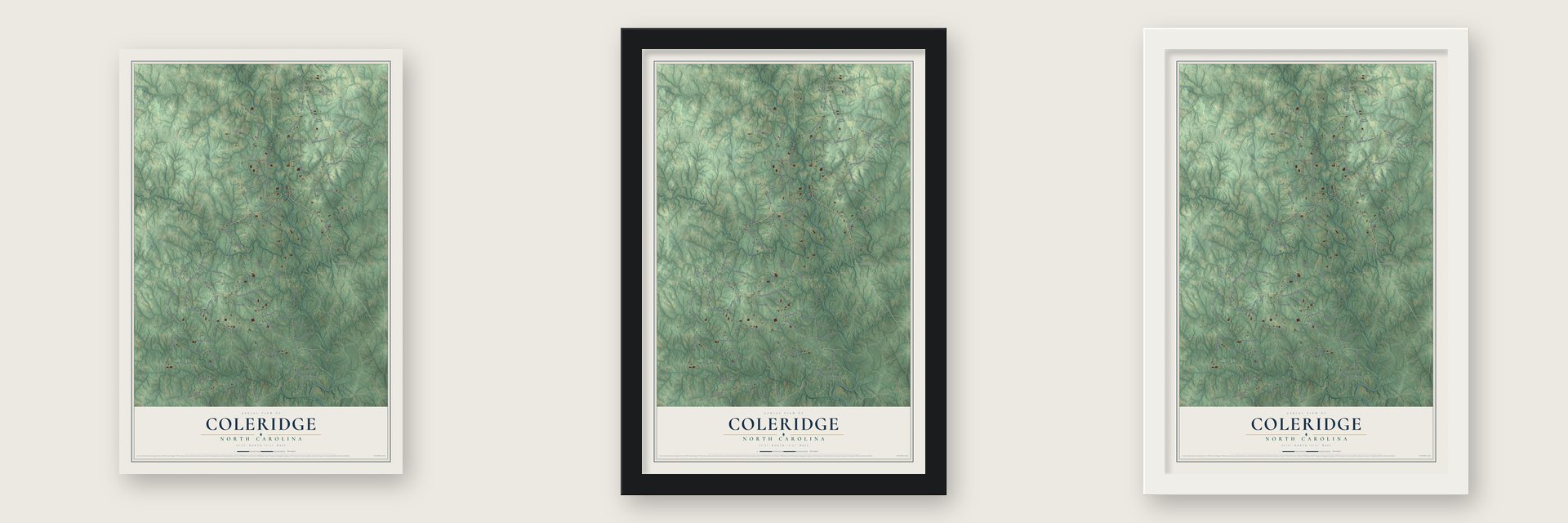 Coleridge, North Carolina map unframed, in a black wood frame and in a white wood frame