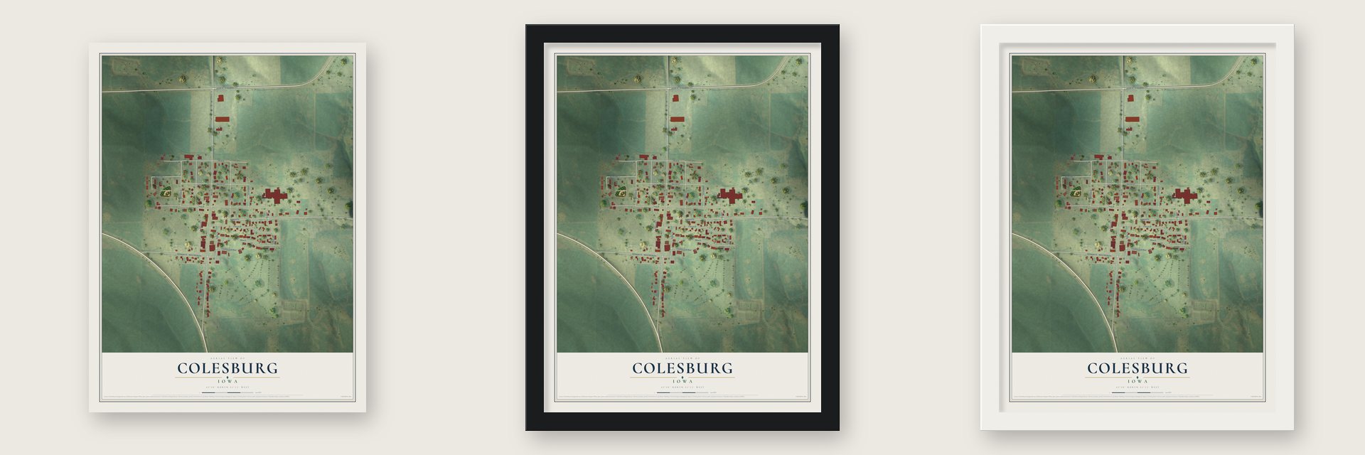 Colesburg, Iowa map unframed, in a black wood frame and in a white wood frame