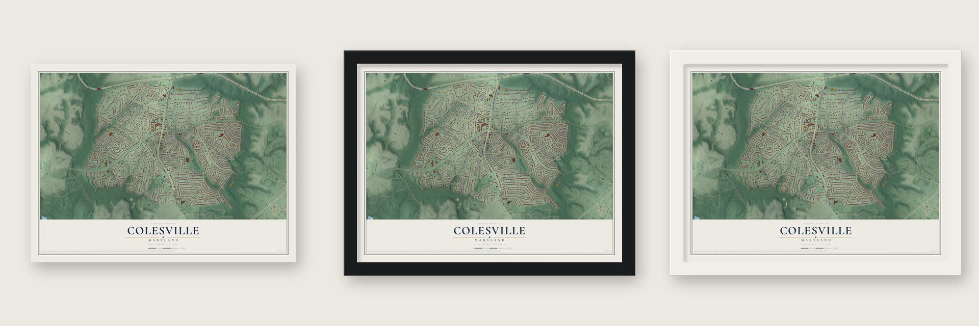Colesville, Maryland map unframed, in a black wood frame and in a white wood frame