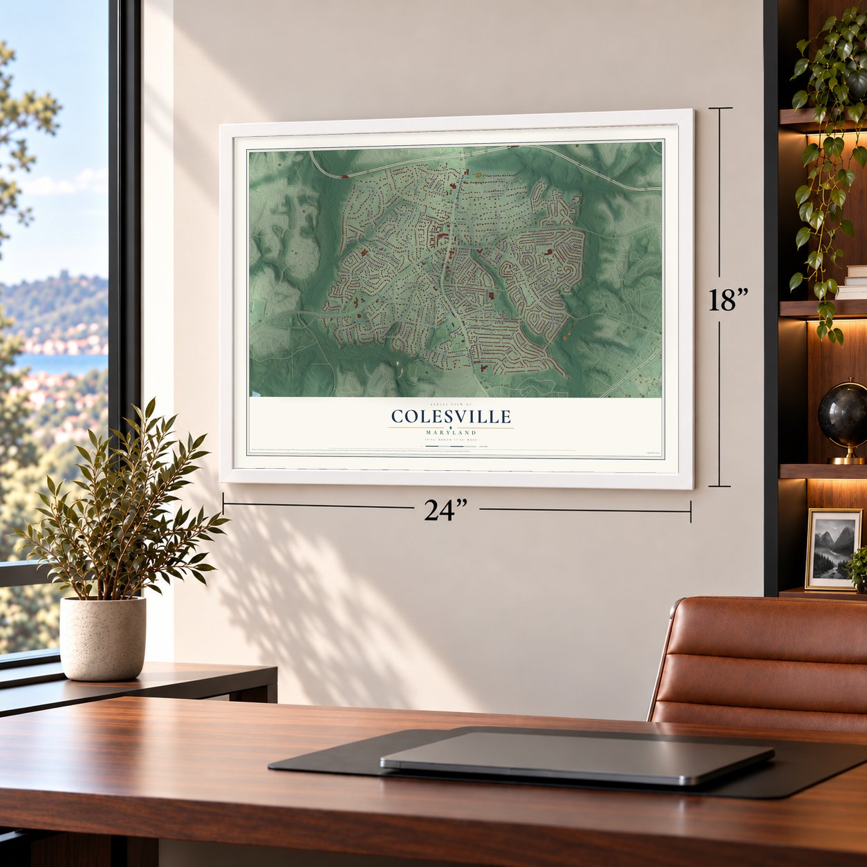 Colesville, Maryland map, 18 x 24 inch print in a white frame in a home office