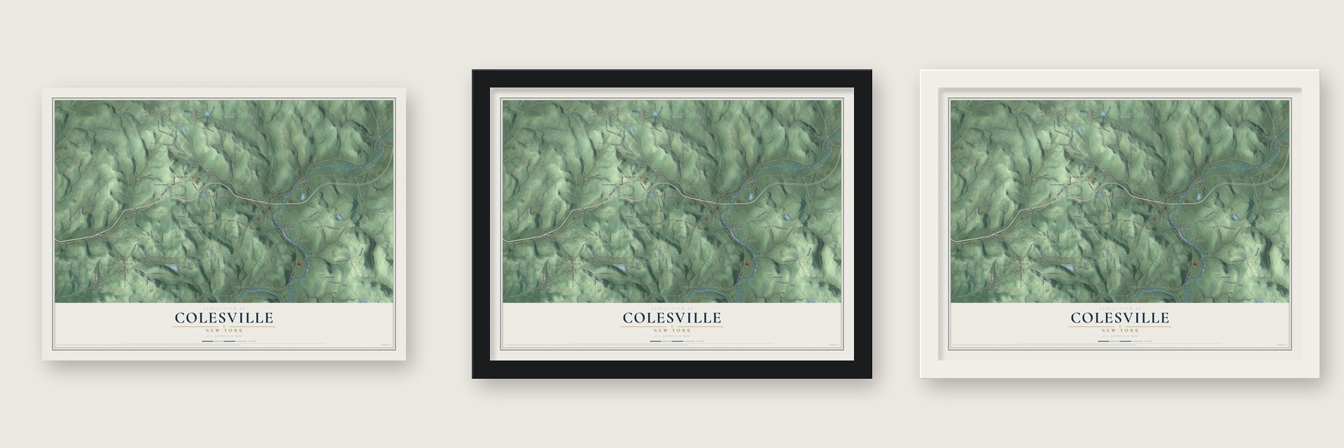 Colesville, New York map unframed, in a black wood frame and in a white wood frame