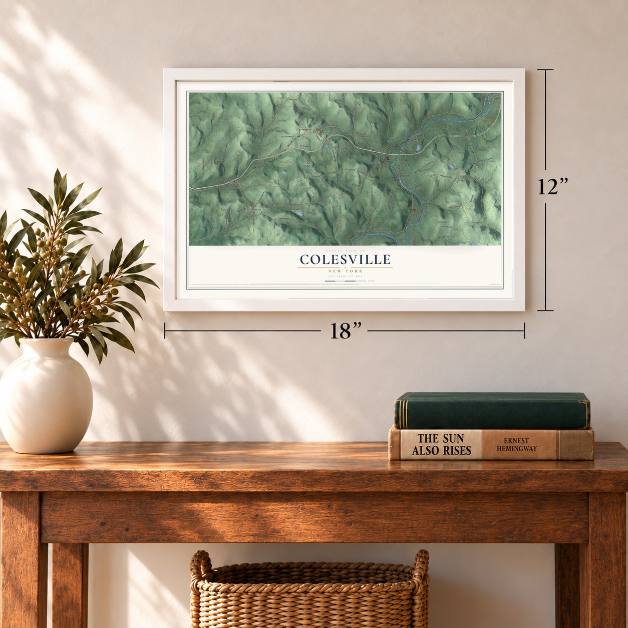 Colesville, New York map, 12 x 18 inch print in a white frame in an entryway