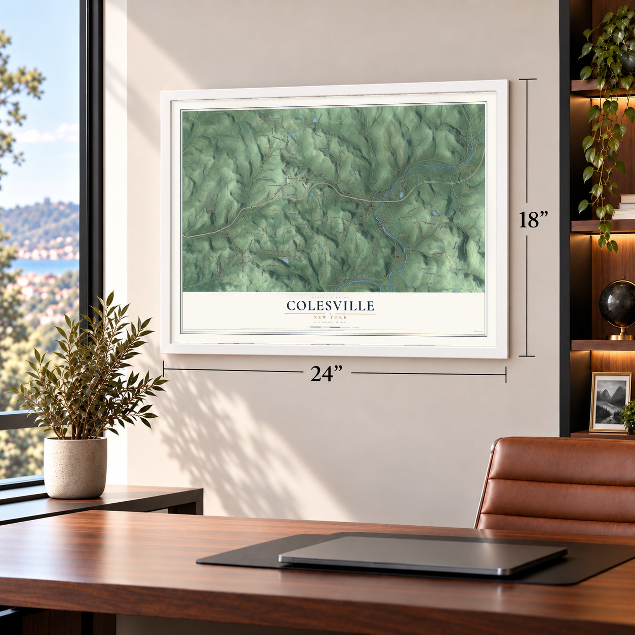 Colesville, New York map, 18 x 24 inch print in a white frame in a home office