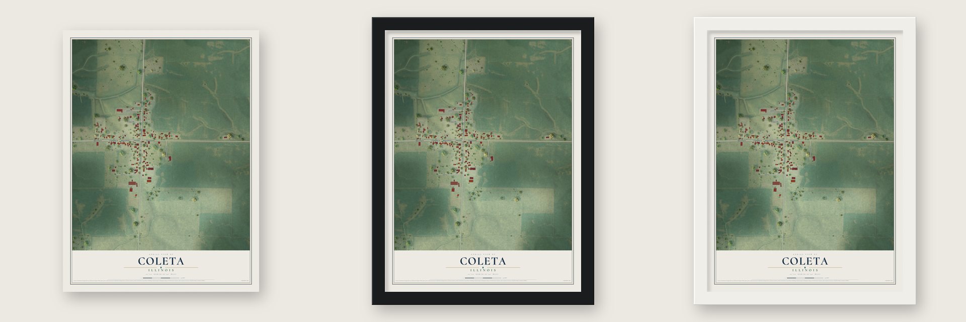 Coleta, Illinois map unframed, in a black wood frame and in a white wood frame