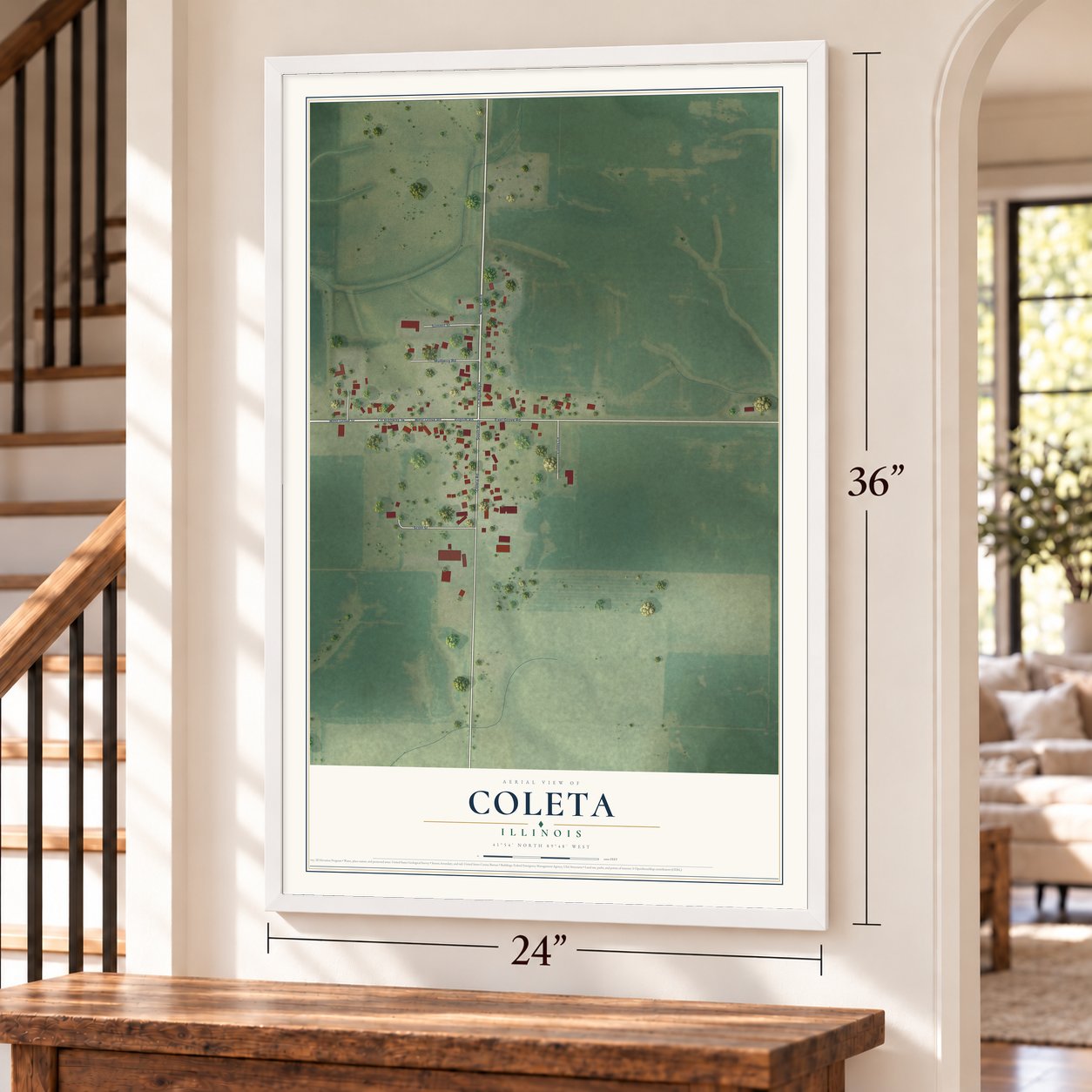 Coleta, Illinois map, 24 x 36 inch print in a white frame by a staircase