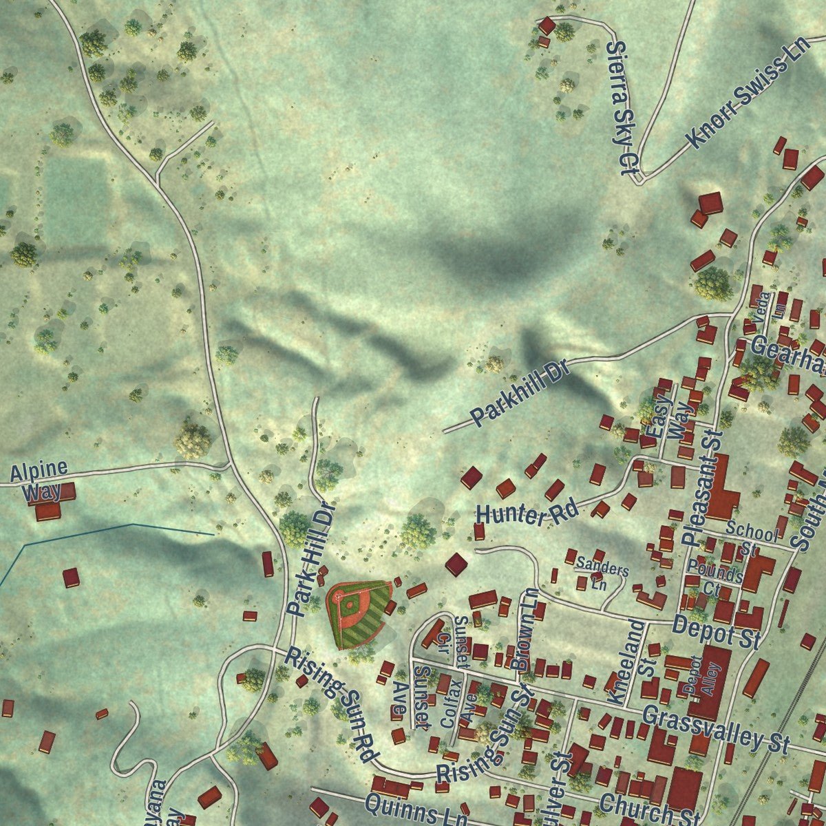 Second close-up of the map of Colfax, California print showing more streets and buildings