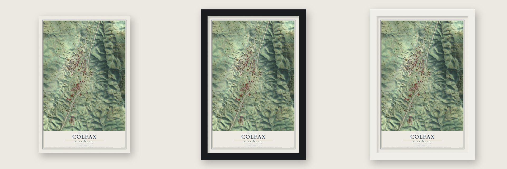 Colfax, California map unframed, in a black wood frame and in a white wood frame
