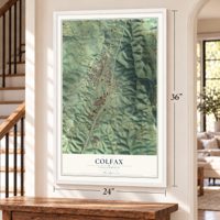 Colfax, California map, 24 x 36 inch print in a white frame by a staircase