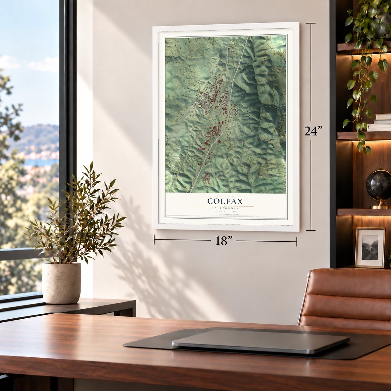 Colfax, California map, 18 x 24 inch print in a white frame in a home office