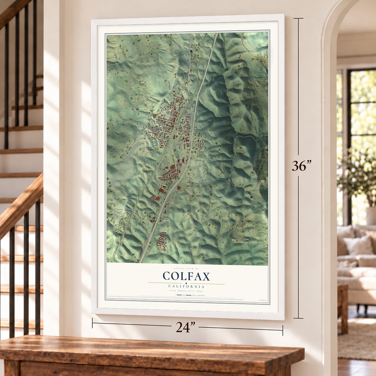 Colfax, California map, 24 x 36 inch print in a white frame by a staircase