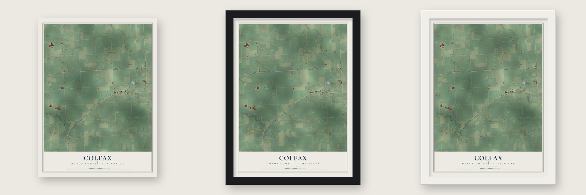 Colfax, Huron County, Michigan map unframed, in a black wood frame and in a white wood frame