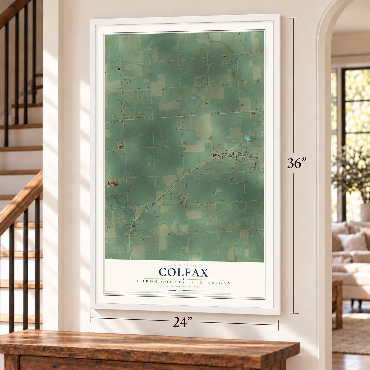 Colfax, Huron County, Michigan map, 24 x 36 inch print in a white frame by a staircase