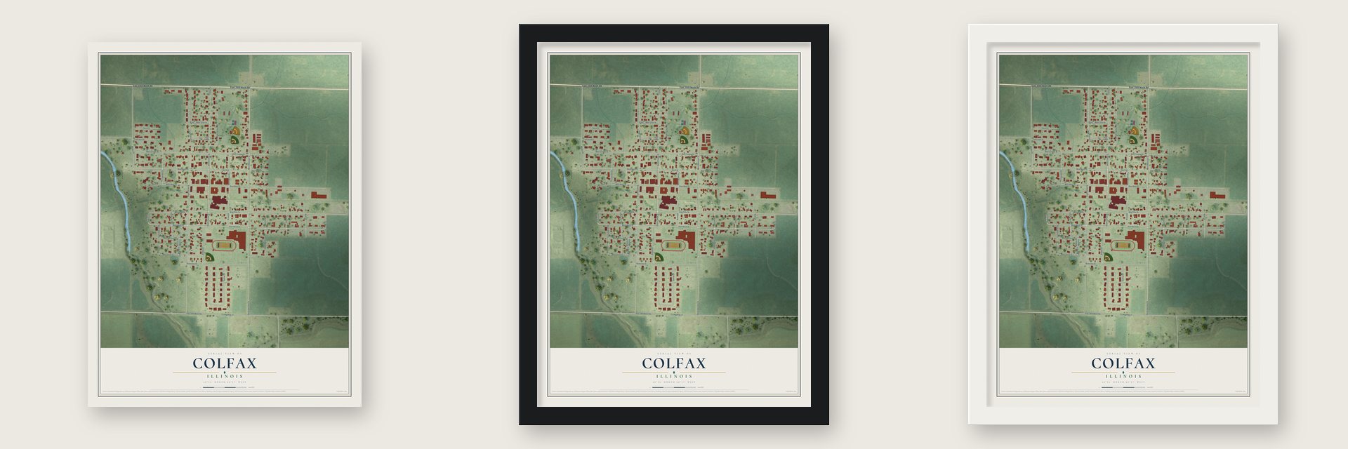 Colfax, Illinois map unframed, in a black wood frame and in a white wood frame