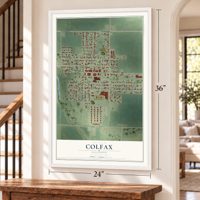 Colfax, Illinois map, 24 x 36 inch print in a white frame by a staircase