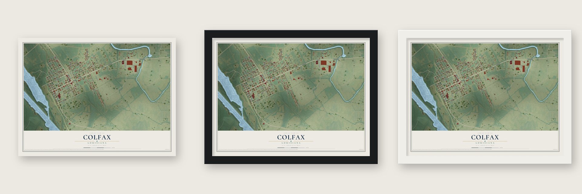 Colfax, Louisiana map unframed, in a black wood frame and in a white wood frame