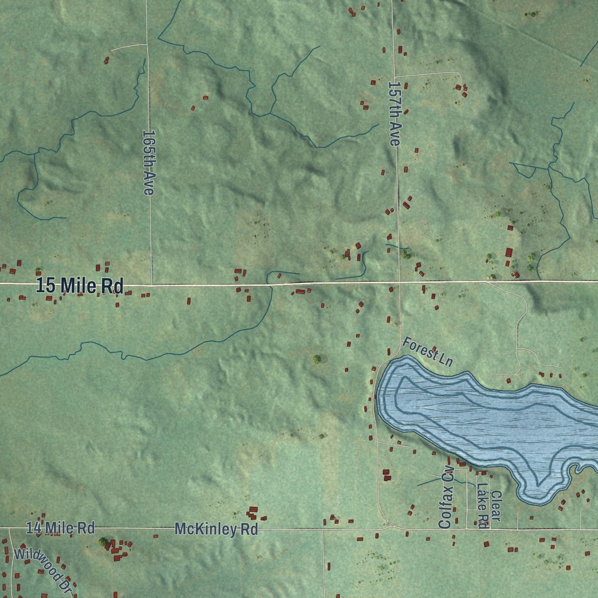 Second close-up of the map of Colfax, Mecosta County, Michigan print showing more streets and buildings