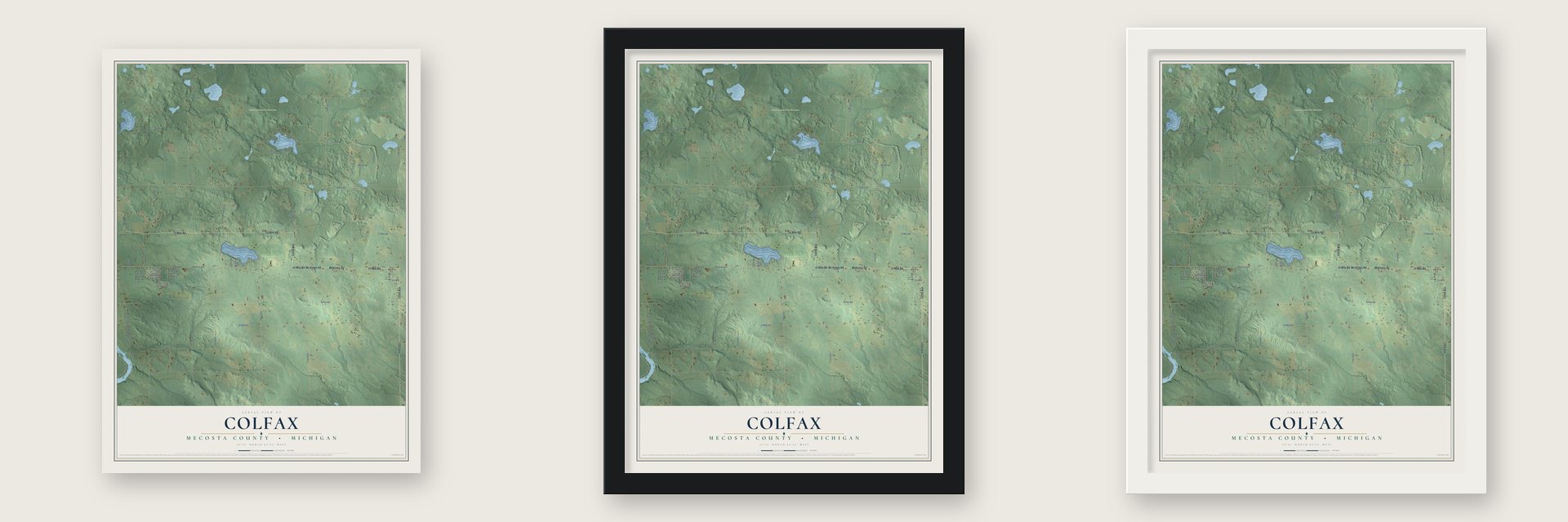 Colfax, Mecosta County, Michigan map unframed, in a black wood frame and in a white wood frame