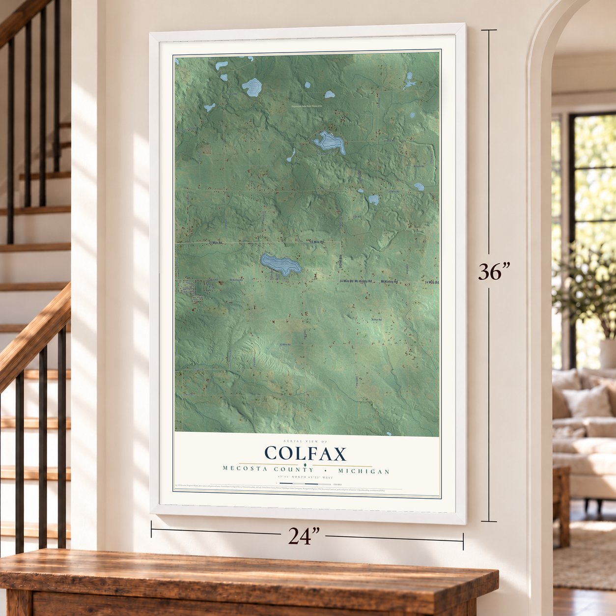Colfax, Mecosta County, Michigan map, 24 x 36 inch print in a white frame by a staircase