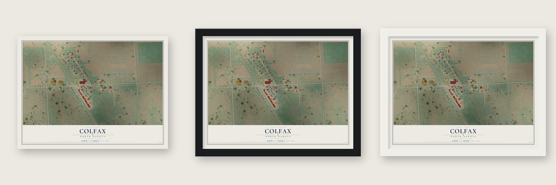 Colfax, North Dakota map unframed, in a black wood frame and in a white wood frame