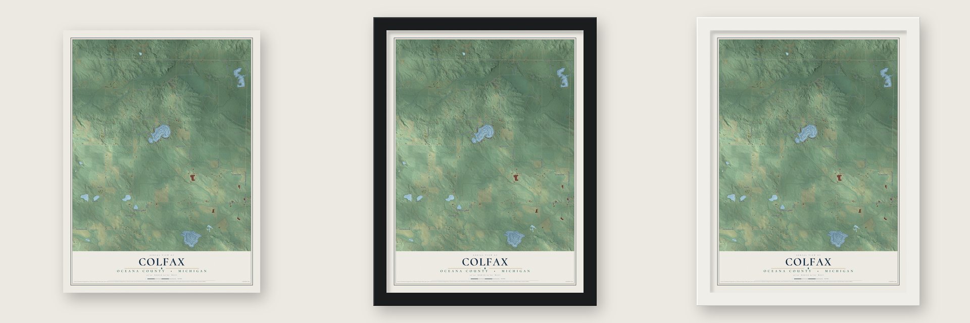 Colfax, Oceana County, Michigan map unframed, in a black wood frame and in a white wood frame