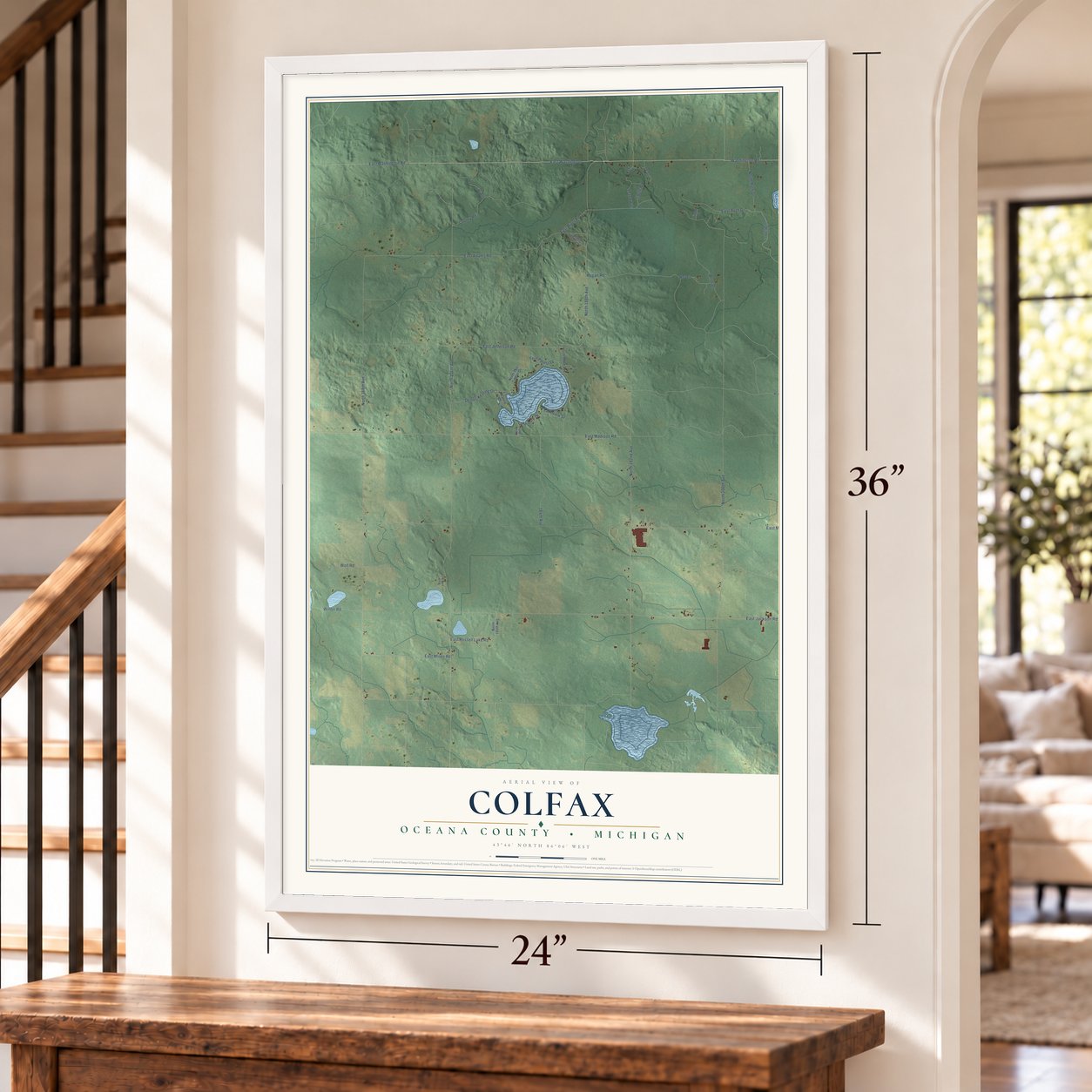 Colfax, Oceana County, Michigan map, 24 x 36 inch print in a white frame by a staircase