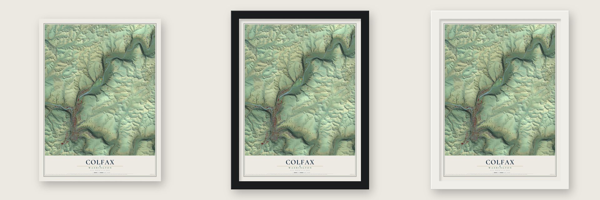 Colfax, Washington map unframed, in a black wood frame and in a white wood frame