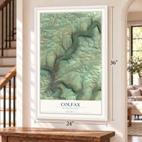 Colfax, Washington map, 24 x 36 inch print in a white frame by a staircase