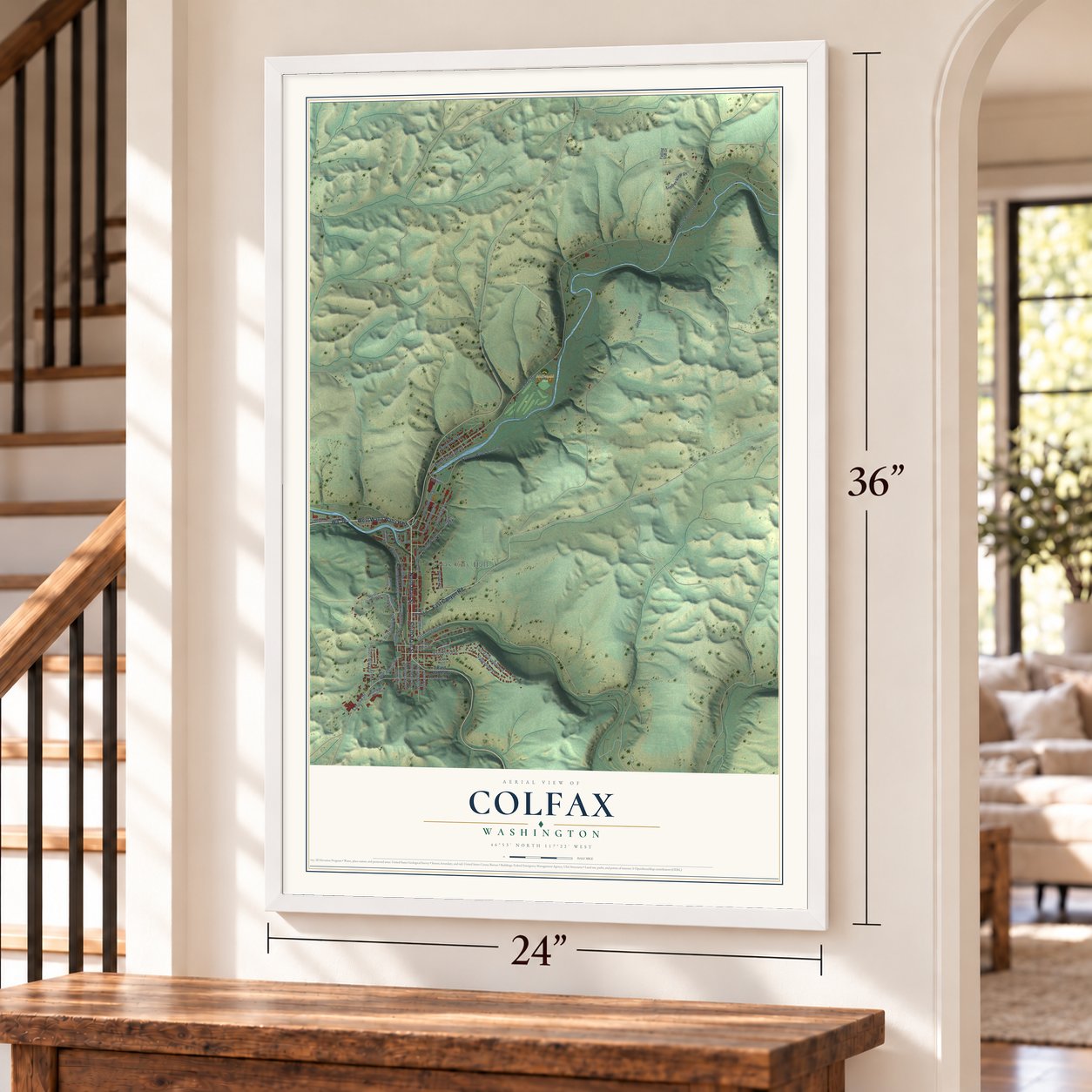 Colfax, Washington map, 24 x 36 inch print in a white frame by a staircase