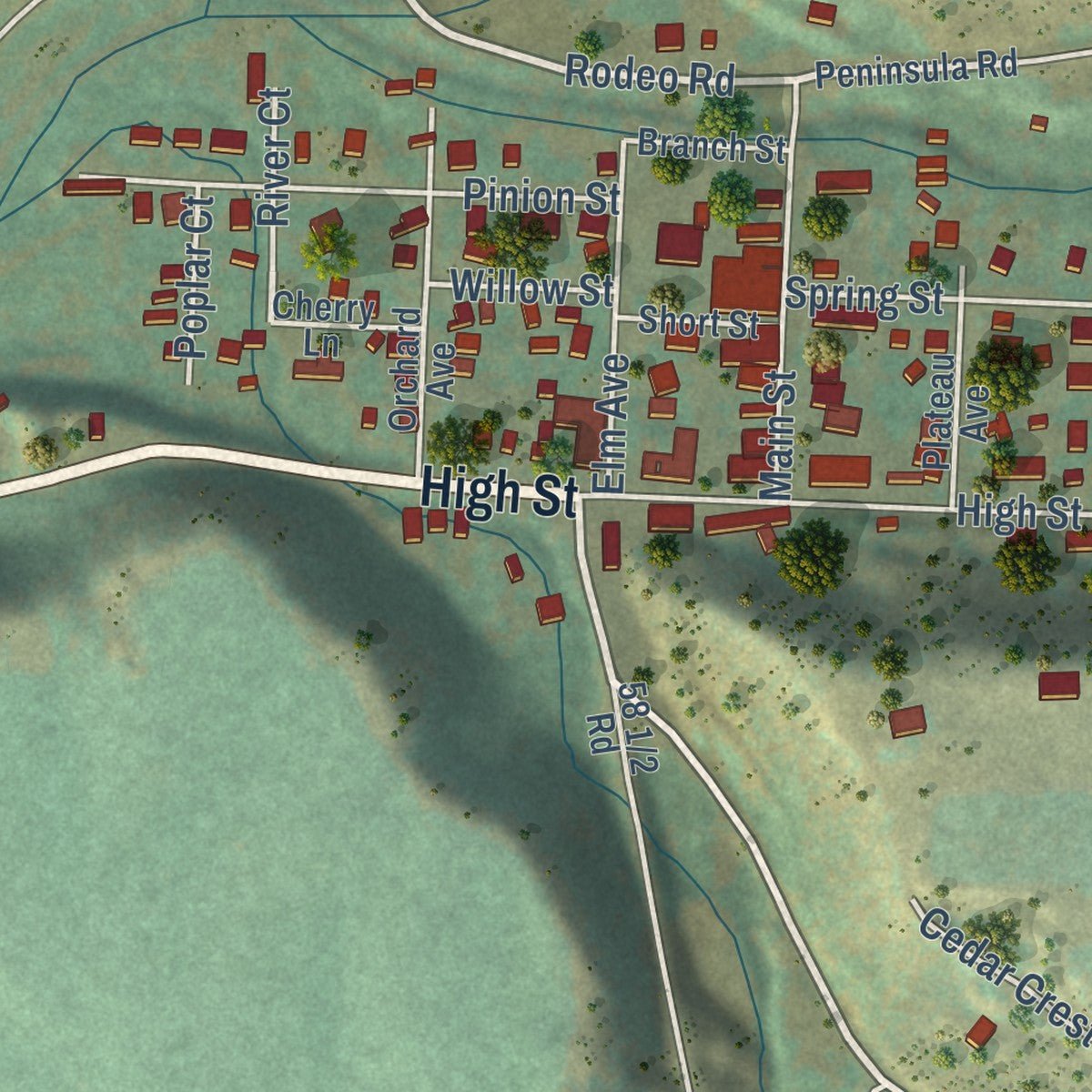 Second close-up of the map of Collbran, Colorado print showing more streets and buildings
