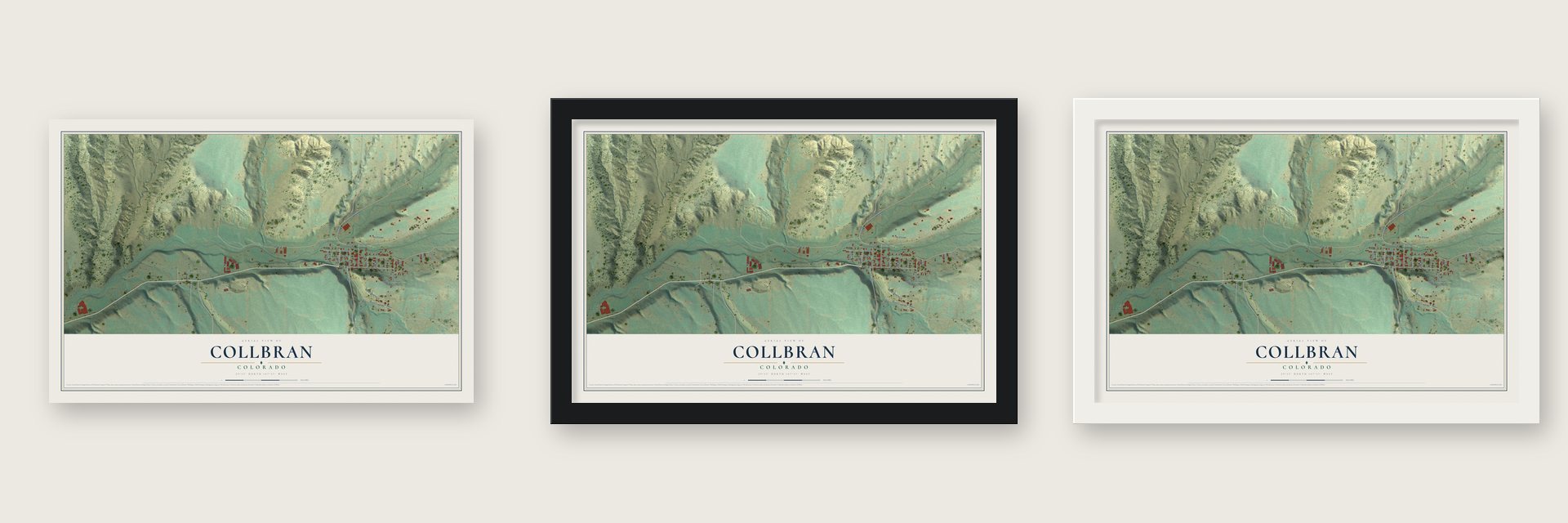 Collbran, Colorado map unframed, in a black wood frame and in a white wood frame