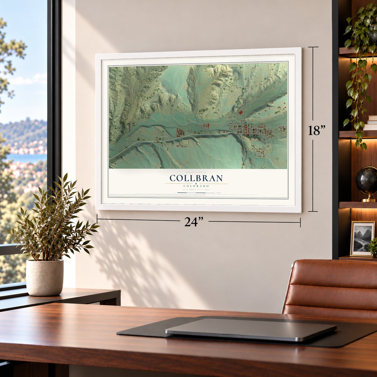 Collbran, Colorado map, 18 x 24 inch print in a white frame in a home office