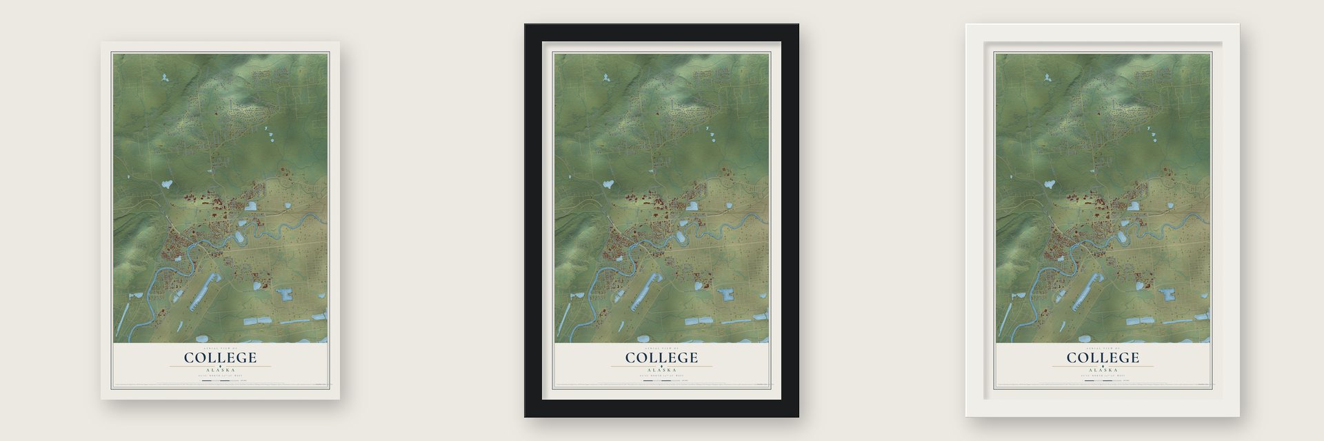 College, Alaska map unframed, in a black wood frame and in a white wood frame