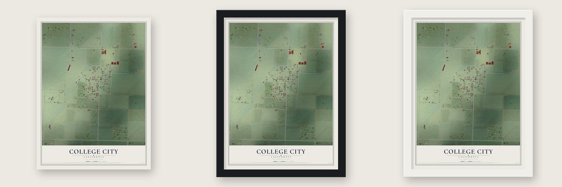 College City, California map unframed, in a black wood frame and in a white wood frame