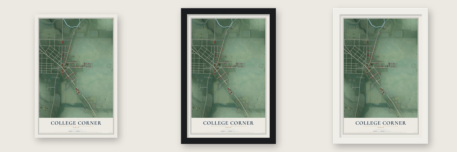 College Corner, Ohio map unframed, in a black wood frame and in a white wood frame