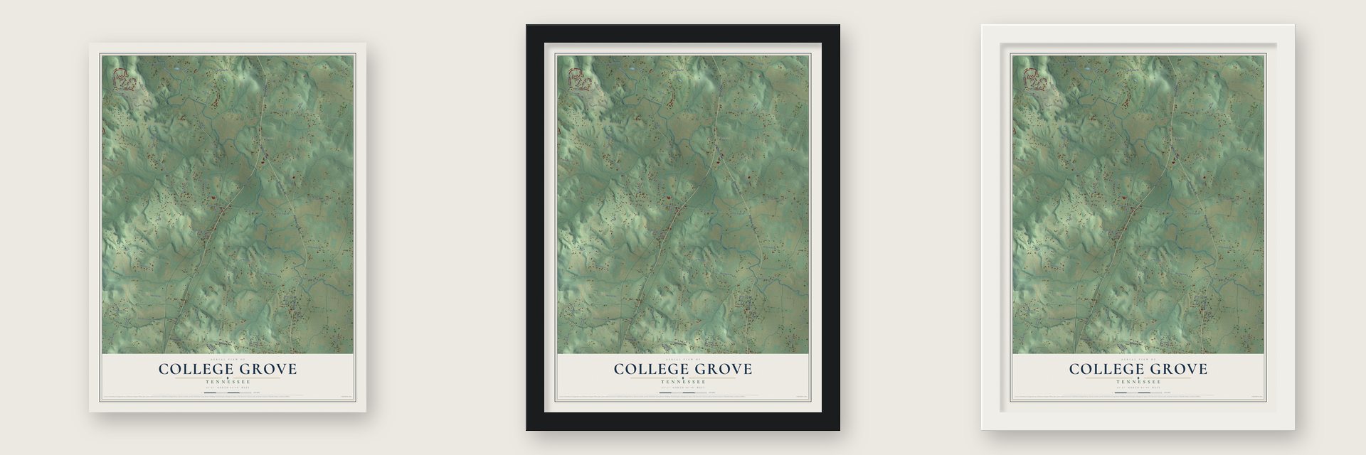 College Grove, Tennessee map unframed, in a black wood frame and in a white wood frame