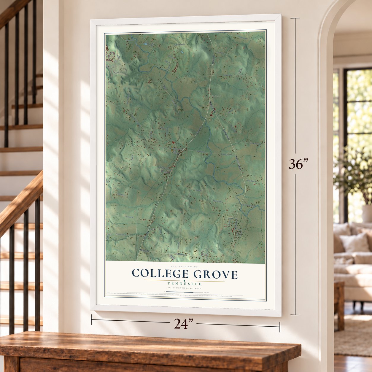 College Grove, Tennessee map, 24 x 36 inch print in a white frame by a staircase