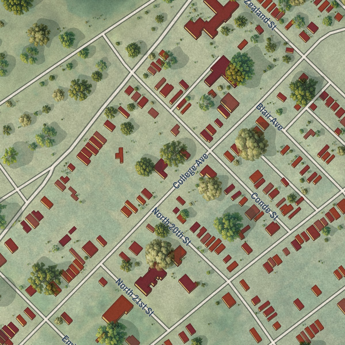 Second close-up of the map of College Hill, Missouri print showing more streets and buildings