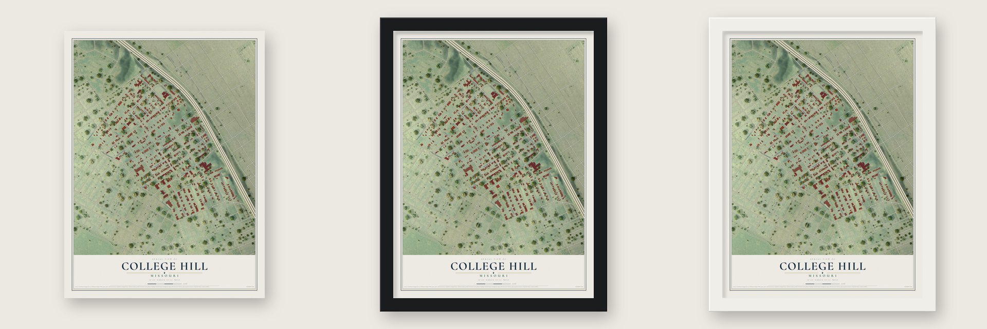 College Hill, Missouri map unframed, in a black wood frame and in a white wood frame